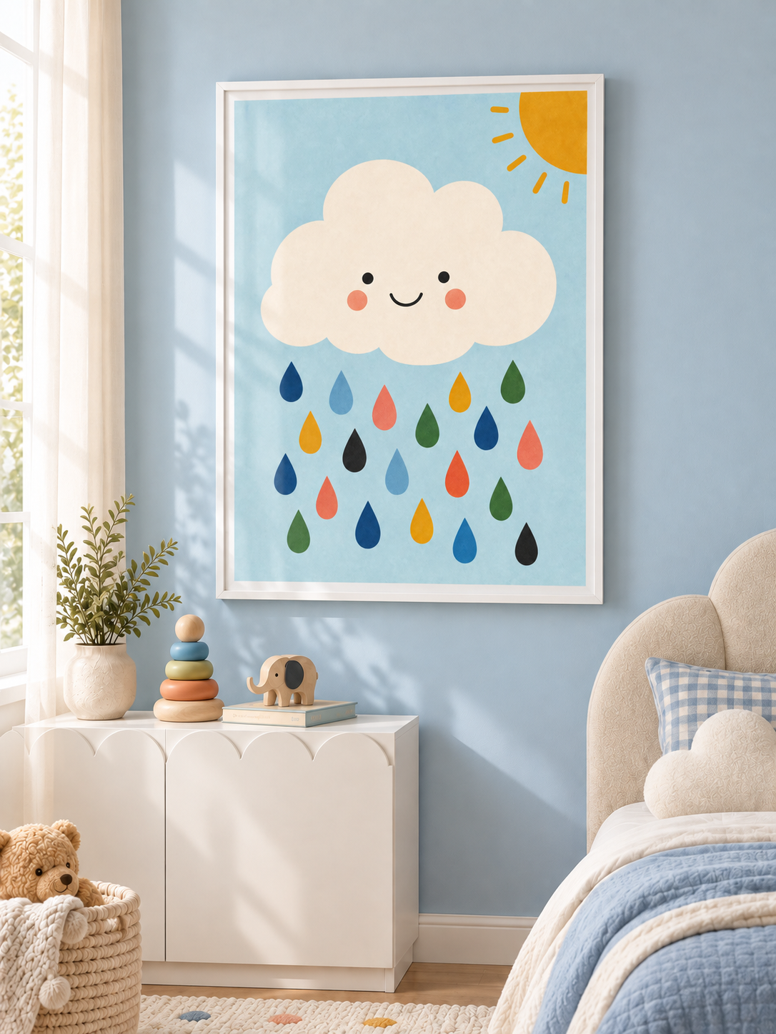 Happy Cloud: a smiling cream cloud with colourful raindrops and a golden sun against a soft blue sky, in a white PVC frame.