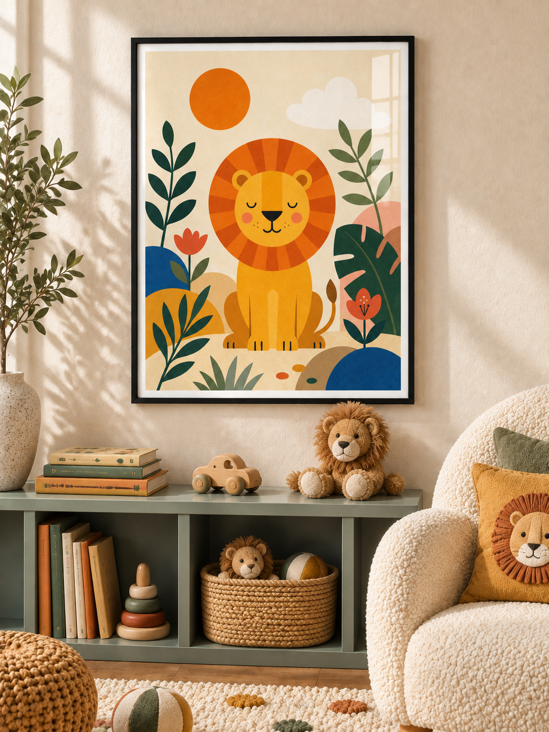 Lion's Morning: a gentle golden lion surrounded by leafy plants, flowers and a warm orange sun, in a black PVC frame.
