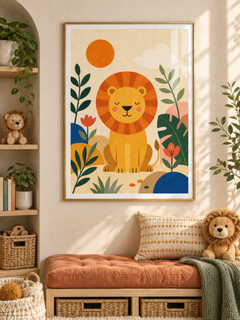 Lion's Morning: a gentle golden lion surrounded by leafy plants, flowers and a warm orange sun, in a gold-finish PVC frame.