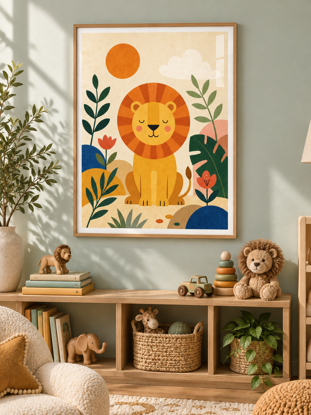 Lion's Morning: a gentle golden lion surrounded by leafy plants, flowers and a warm orange sun, in a light wooden texture PVC frame.