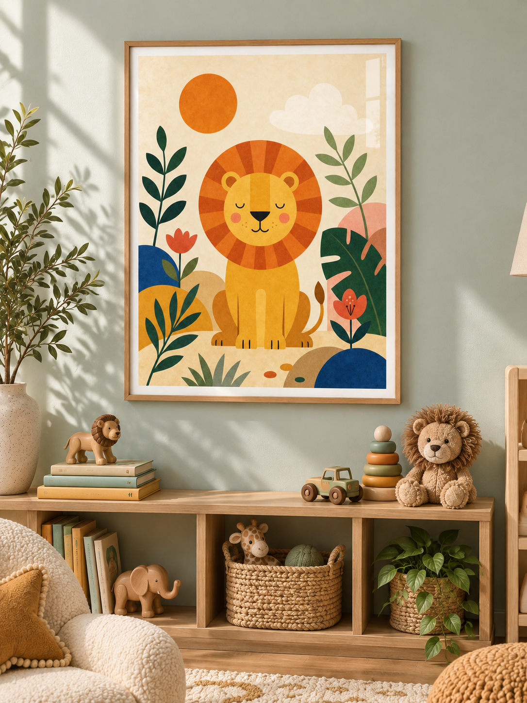Lion's Morning: a gentle golden lion surrounded by leafy plants, flowers and a warm orange sun, in a light wooden texture PVC frame.