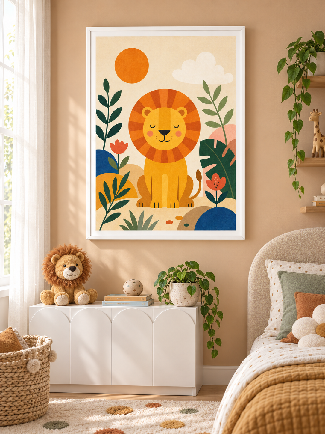 Lion's Morning: a gentle golden lion surrounded by leafy plants, flowers and a warm orange sun, in a white PVC frame.