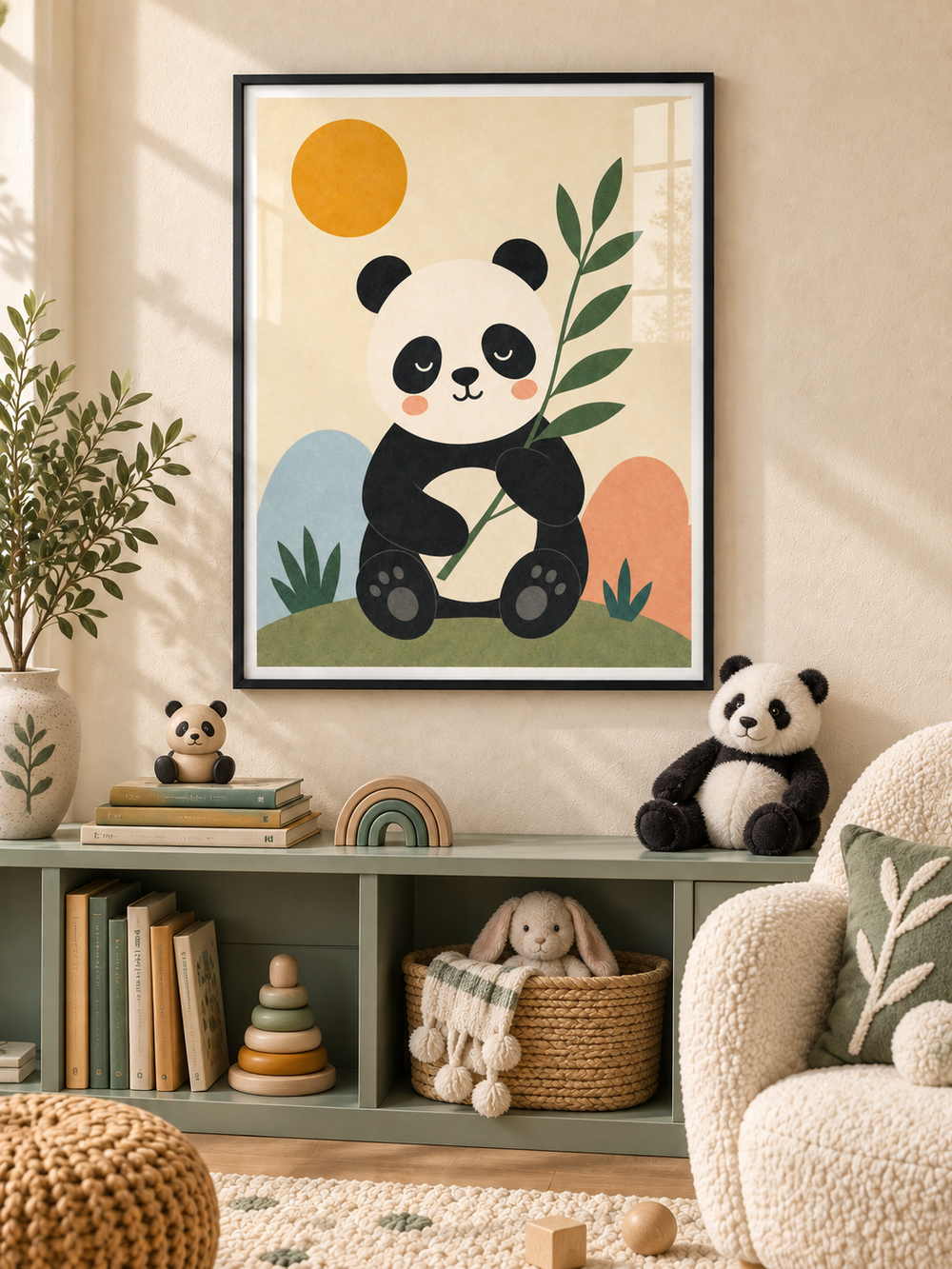 Panda Pause: a friendly black-and-white panda holding a leafy branch in a calm garden scene, in a black PVC frame.