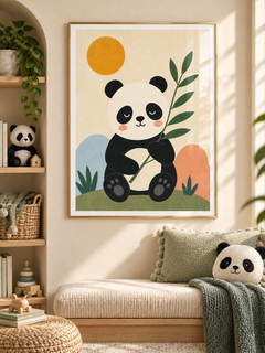 Panda Pause: a friendly black-and-white panda holding a leafy branch in a calm garden scene, in a gold-finish PVC frame.