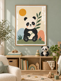 Panda Pause: a friendly black-and-white panda holding a leafy branch in a calm garden scene, in a light wooden texture PVC frame.
