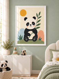 Panda Pause: a friendly black-and-white panda holding a leafy branch in a calm garden scene, in a white PVC frame.