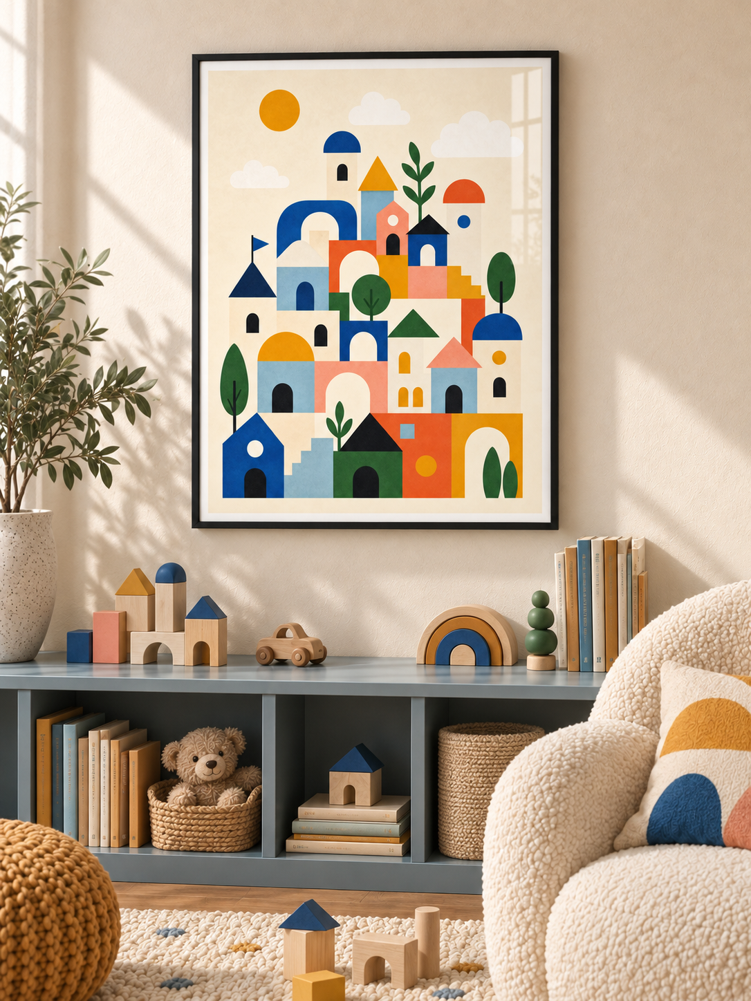 Tiny Town: a playful town of colourful houses, arches, towers and trees beneath a golden sun, in a black PVC frame.
