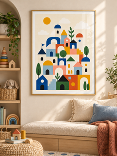 Tiny Town: a playful town of colourful houses, arches, towers and trees beneath a golden sun, in a gold-finish PVC frame.