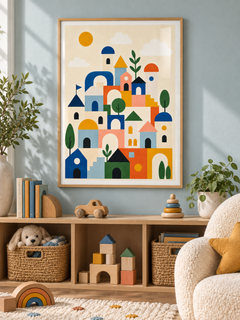 Tiny Town: a playful town of colourful houses, arches, towers and trees beneath a golden sun, in a light wooden texture PVC frame.