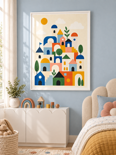 Tiny Town: a playful town of colourful houses, arches, towers and trees beneath a golden sun, in a white PVC frame.