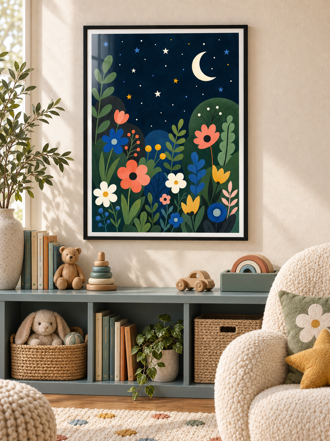 Star Garden: colourful flowers and leafy plants beneath a crescent moon and stars in a deep navy sky, in a black PVC frame.
