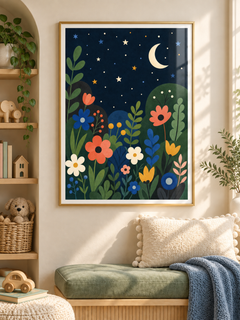 Star Garden: colourful flowers and leafy plants beneath a crescent moon and stars in a deep navy sky, in a gold-finish PVC frame.