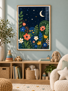 Star Garden: colourful flowers and leafy plants beneath a crescent moon and stars in a deep navy sky, in a light wooden texture PVC frame.