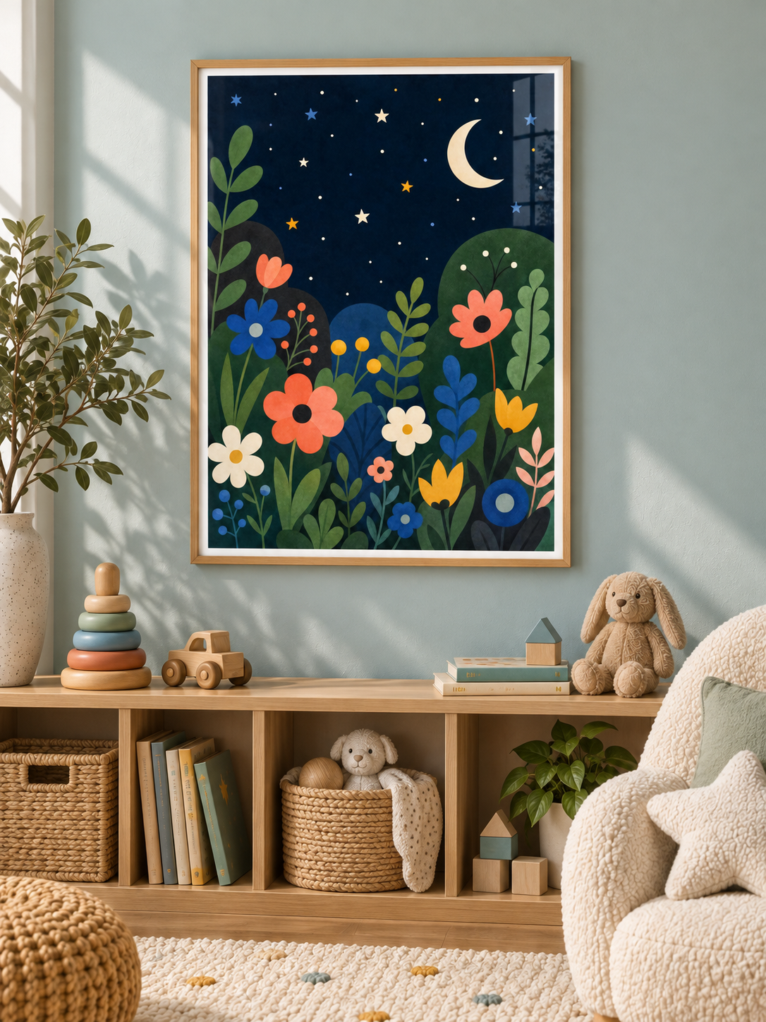 Star Garden: colourful flowers and leafy plants beneath a crescent moon and stars in a deep navy sky, in a light wooden texture PVC frame.