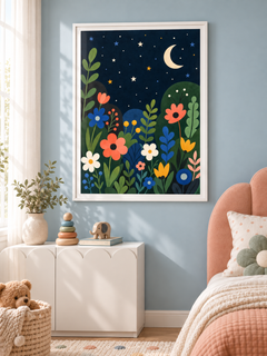 Star Garden: colourful flowers and leafy plants beneath a crescent moon and stars in a deep navy sky, in a white PVC frame.