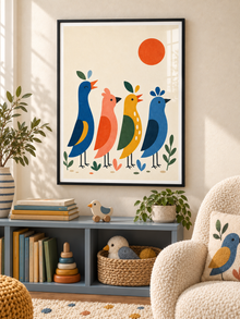 Bird Parade: four colourful birds in blue, coral and yellow beside leafy sprigs and an orange sun, in a black PVC frame.