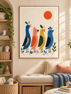 Bird Parade: four colourful birds in blue, coral and yellow beside leafy sprigs and an orange sun, in a gold-finish PVC frame.