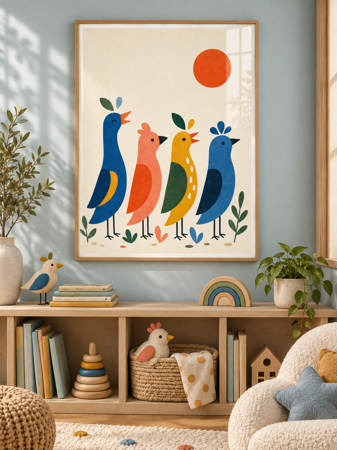 Bird Parade: four colourful birds in blue, coral and yellow beside leafy sprigs and an orange sun, in a light wooden texture PVC frame.