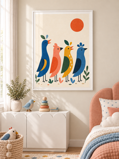 Bird Parade: four colourful birds in blue, coral and yellow beside leafy sprigs and an orange sun, in a white PVC frame.