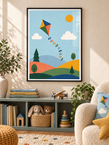 Paper Kite: a colourful diamond kite with a ribbon tail floating above rolling hills and trees, in a black PVC frame.