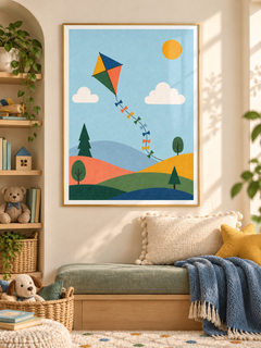 Paper Kite: a colourful diamond kite with a ribbon tail floating above rolling hills and trees, in a gold-finish PVC frame.