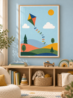 Paper Kite: a colourful diamond kite with a ribbon tail floating above rolling hills and trees, in a light wooden texture PVC frame.