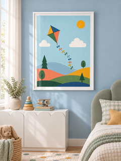 Paper Kite: a colourful diamond kite with a ribbon tail floating above rolling hills and trees, in a white PVC frame.