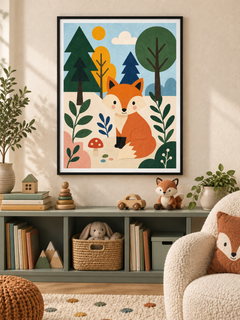 Friendly Forest: a bright orange fox sitting among forest trees, leaves and little mushrooms, in a black PVC frame.