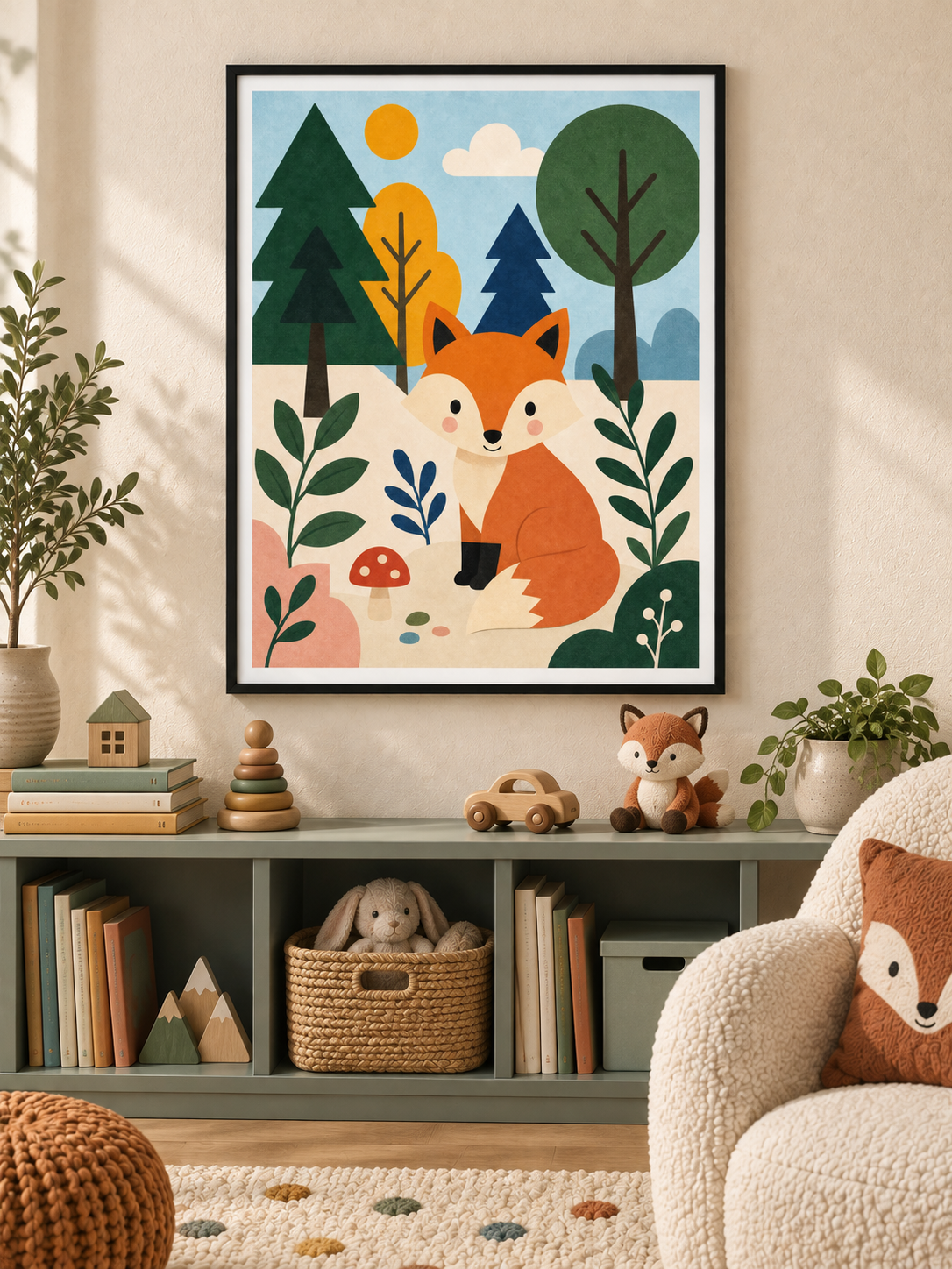 Friendly Forest: a bright orange fox sitting among forest trees, leaves and little mushrooms, in a black PVC frame.