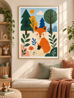 Friendly Forest: a bright orange fox sitting among forest trees, leaves and little mushrooms, in a gold-finish PVC frame.