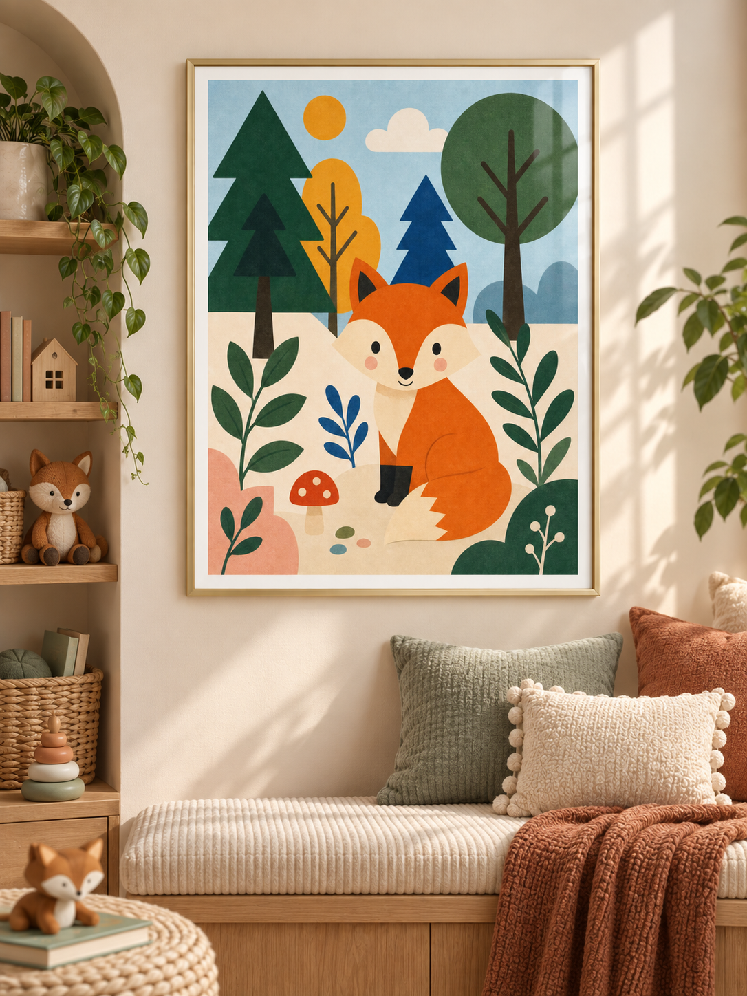 Friendly Forest: a bright orange fox sitting among forest trees, leaves and little mushrooms, in a gold-finish PVC frame.