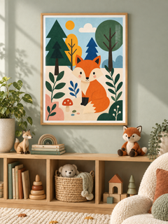 Friendly Forest: a bright orange fox sitting among forest trees, leaves and little mushrooms, in a light wooden texture PVC frame.