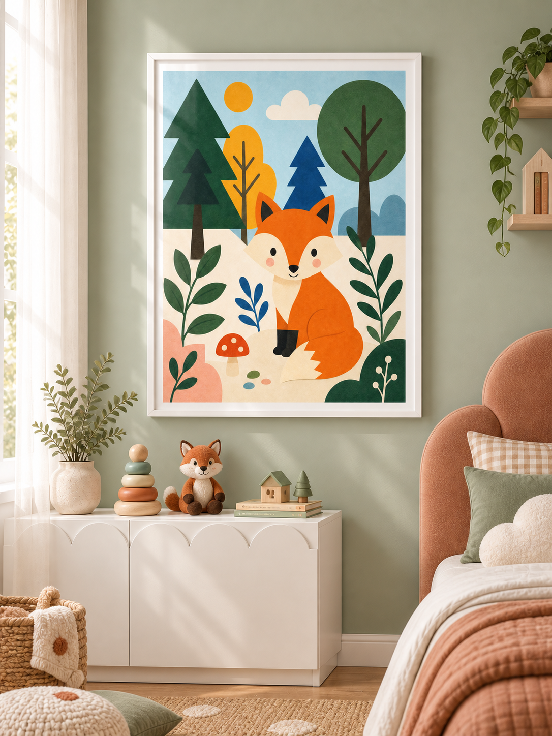 Friendly Forest: a bright orange fox sitting among forest trees, leaves and little mushrooms, in a white PVC frame.