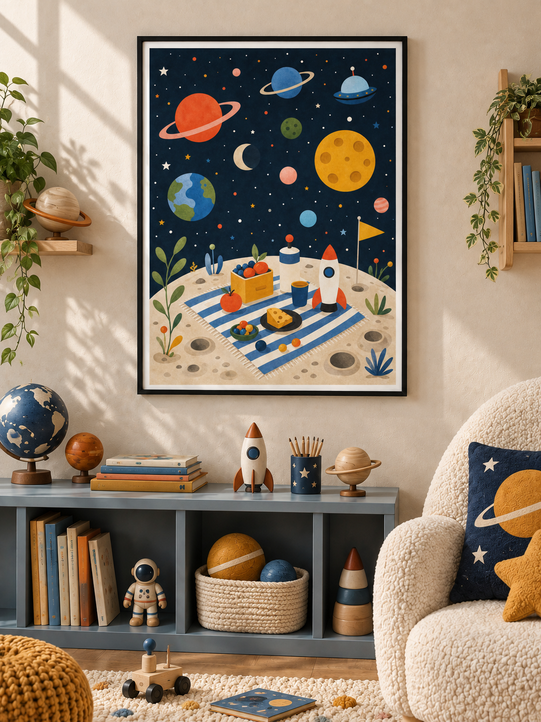 Space Picnic: a whimsical moon picnic with a little rocket, striped blanket and colourful planets overhead, in a black PVC frame.