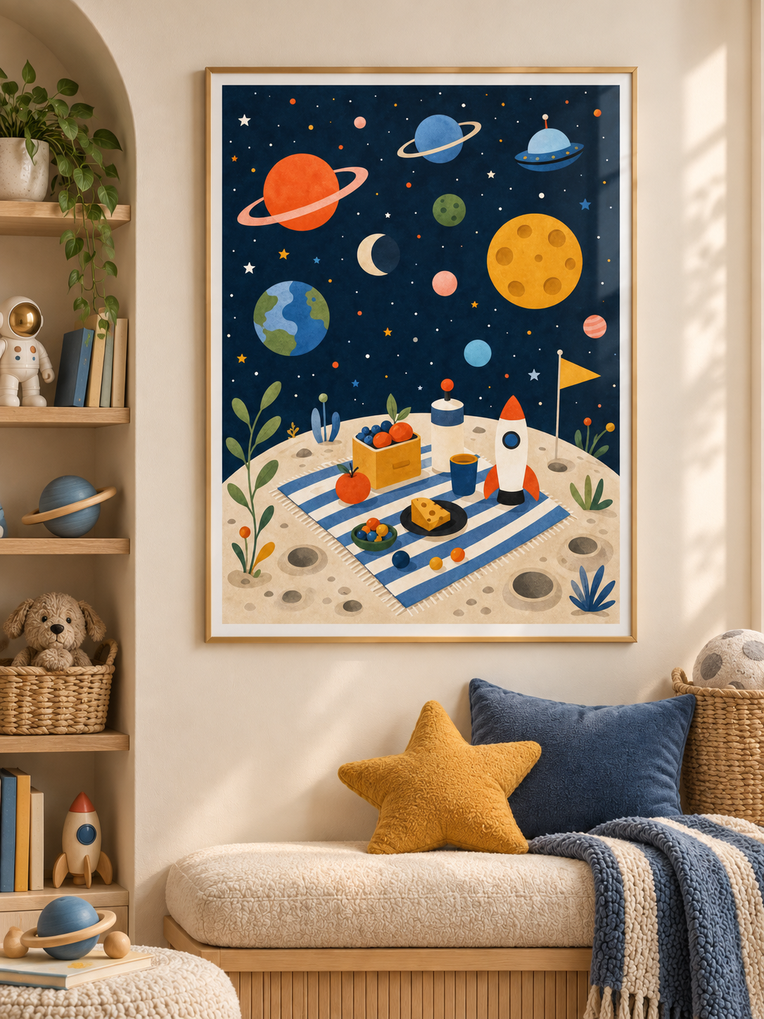 Space Picnic: a whimsical moon picnic with a little rocket, striped blanket and colourful planets overhead, in a gold-finish PVC frame.