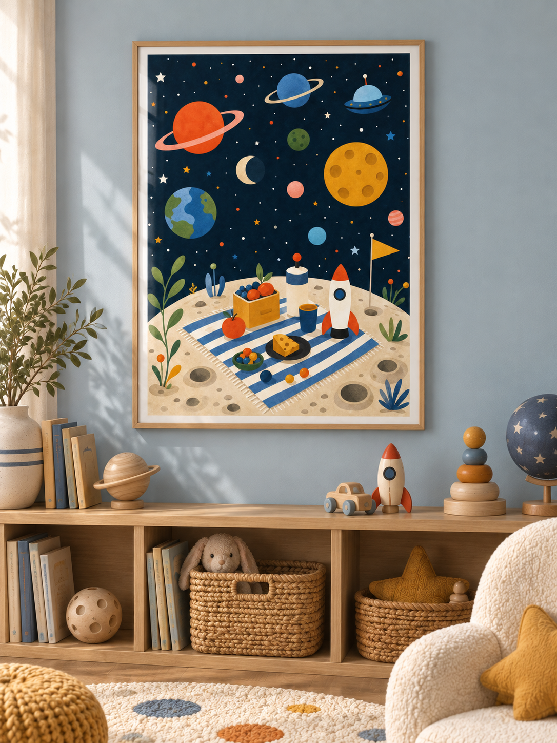 Space Picnic: a whimsical moon picnic with a little rocket, striped blanket and colourful planets overhead, in a light wooden texture PVC frame.