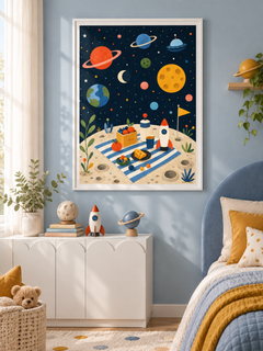 Space Picnic: a whimsical moon picnic with a little rocket, striped blanket and colourful planets overhead, in a white PVC frame.