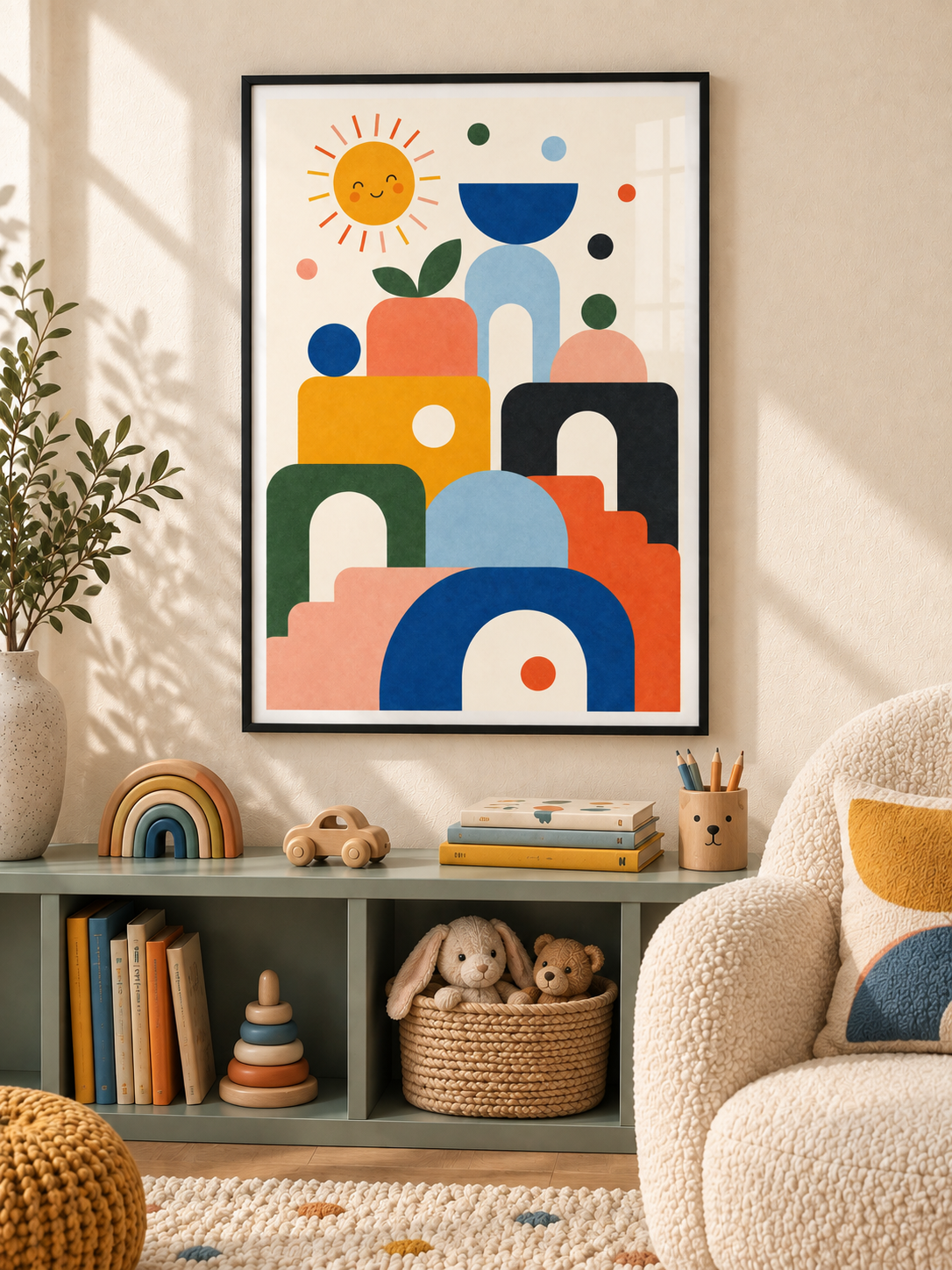 Colour Shapes: stacked colourful arches, circles and blocks with a smiling sun and a little apple, in a black PVC frame.