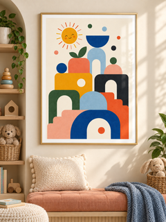 Colour Shapes: stacked colourful arches, circles and blocks with a smiling sun and a little apple, in a gold-finish PVC frame.