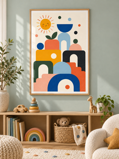 Colour Shapes: stacked colourful arches, circles and blocks with a smiling sun and a little apple, in a light wooden texture PVC frame.