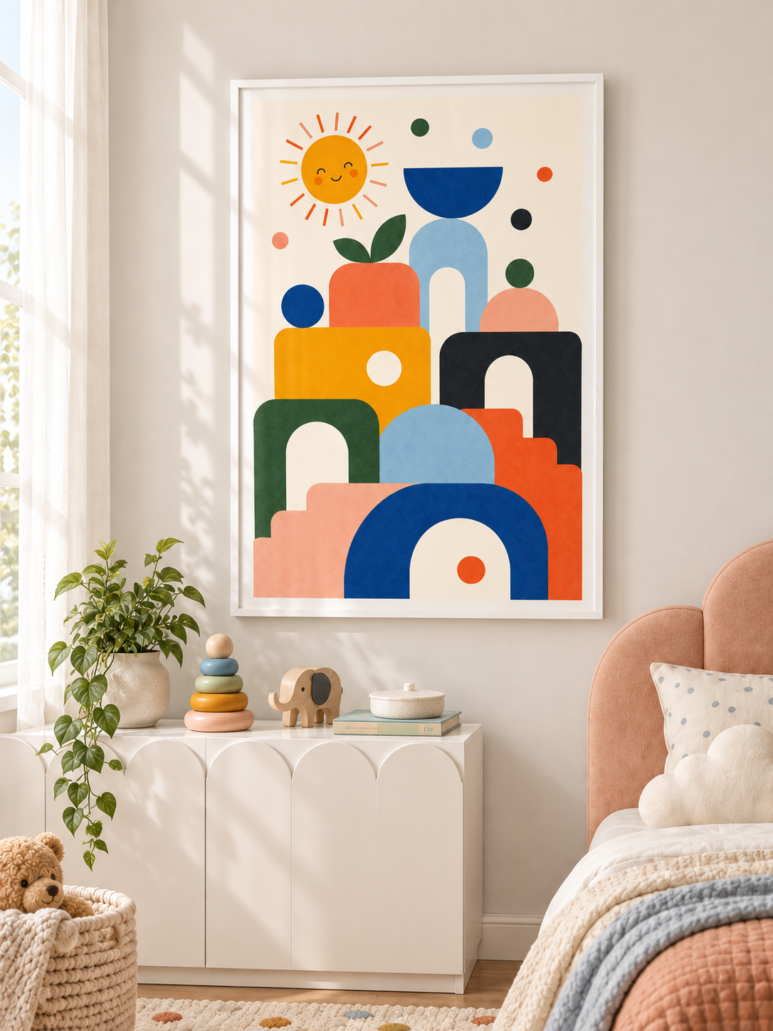 Colour Shapes: stacked colourful arches, circles and blocks with a smiling sun and a little apple, in a white PVC frame.