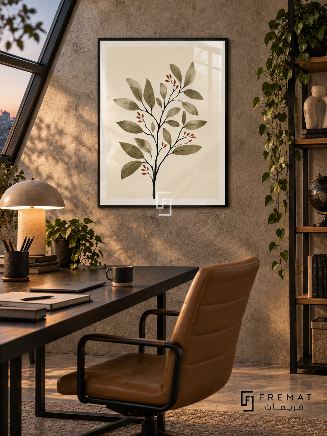 Botanical Stem NAT01 by FREMAT in a slim matte black PVC frame, with a white printed border and glass reflections in a styled interior.