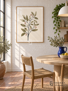 Botanical Stem NAT01 by FREMAT in a slim light wood-grain PVC frame, with an even white printed border, subtle glazing reflections and furniture showing scale.