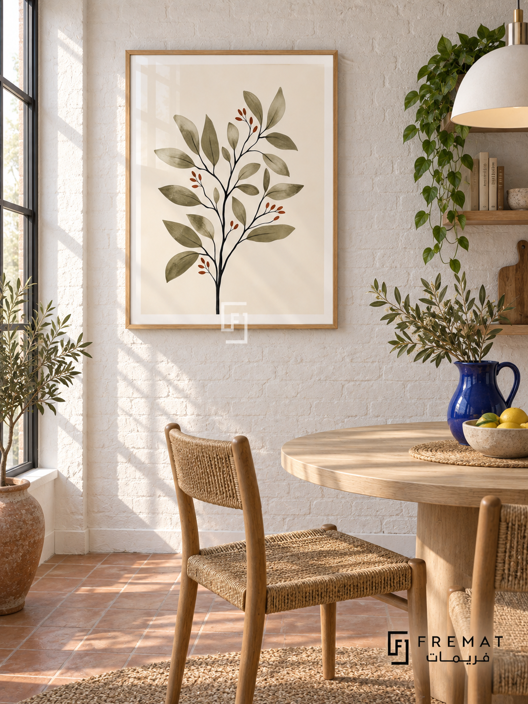 Botanical Stem NAT01 by FREMAT in a slim light wood-grain PVC frame, with an even white printed border, subtle glazing reflections and furniture showing scale.