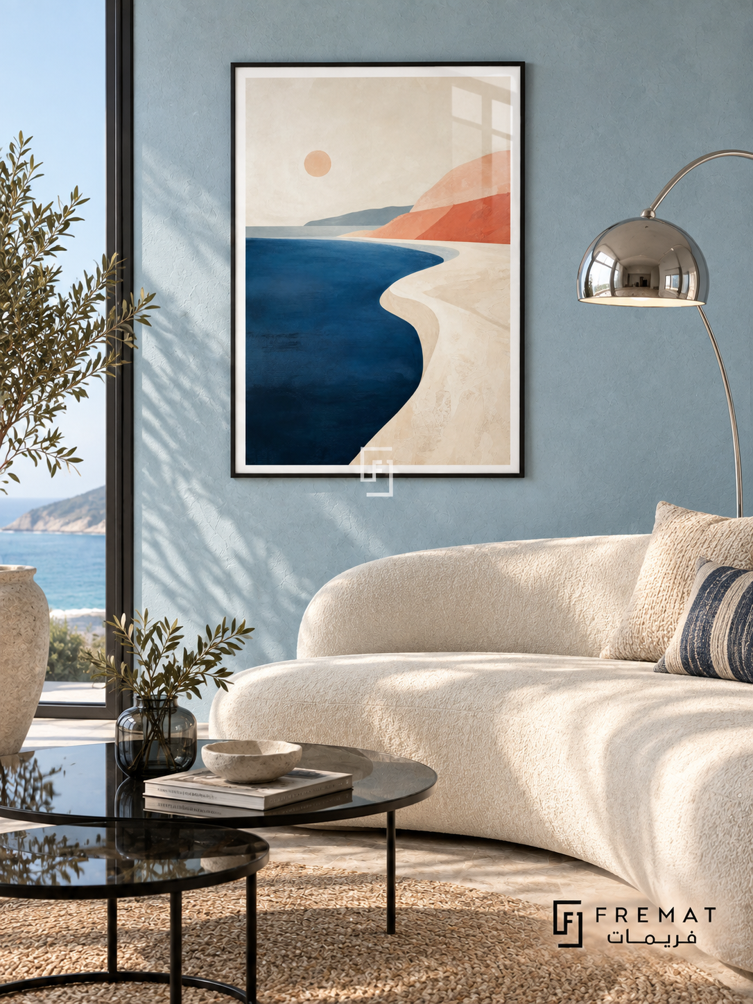 Coastal Calm NAT02 by FREMAT in a slim matte black PVC frame, with an even white printed border, subtle glazing reflections and furniture showing scale.