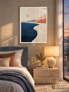 Coastal Calm NAT02 by FREMAT in a slim champagne gold PVC frame, with an even white printed border, subtle glazing reflections and furniture showing scale.
