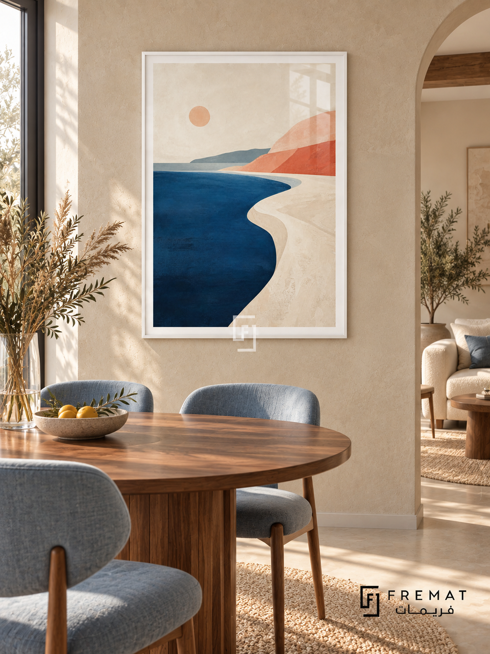 Coastal Calm NAT02 by FREMAT in a slim satin white PVC frame, with an even white printed border, subtle glazing reflections and furniture showing scale.