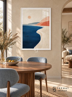 Coastal Calm NAT02 by FREMAT in a slim satin white PVC frame, with an even white printed border, subtle glazing reflections and furniture showing scale.