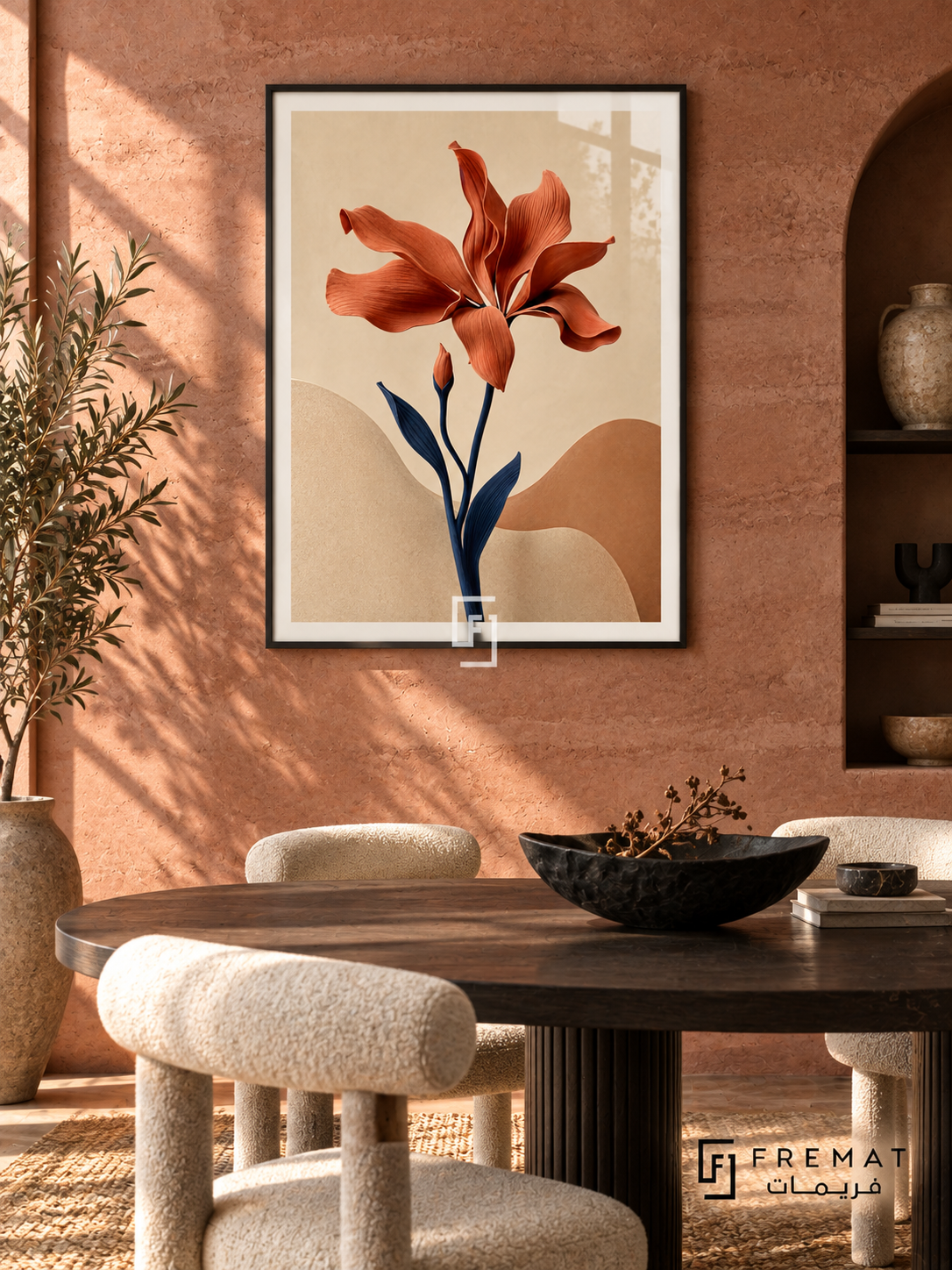 Desert Bloom NAT03 by FREMAT in a slim matte black PVC frame, with an even white printed border, subtle glazing reflections and furniture showing scale.