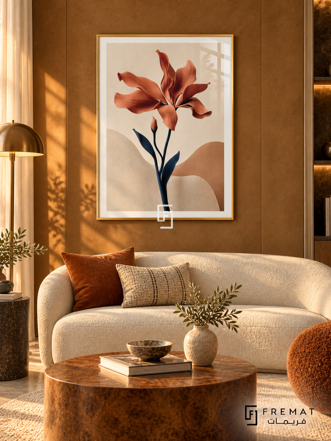 Desert Bloom NAT03 by FREMAT in a slim champagne gold PVC frame, with an even white printed border, subtle glazing reflections and furniture showing scale.